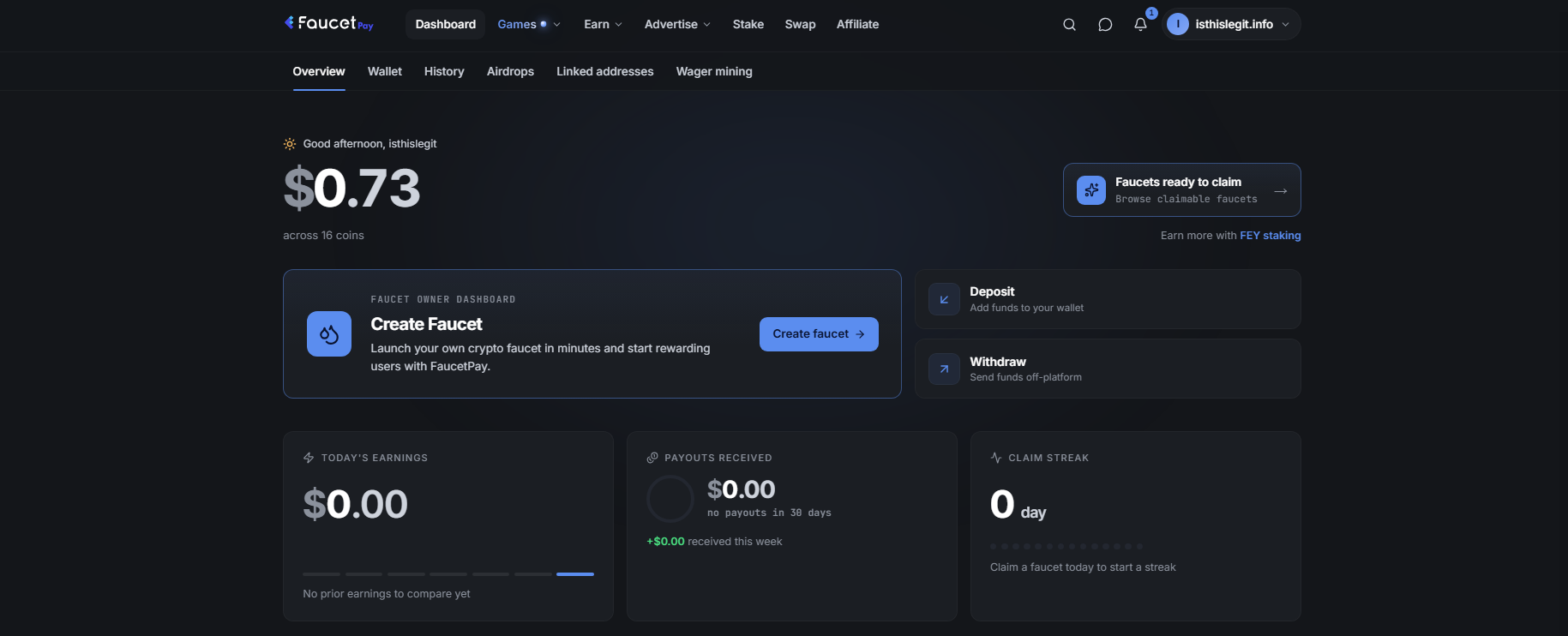 Screenshot of the Faucetpay Dashboard