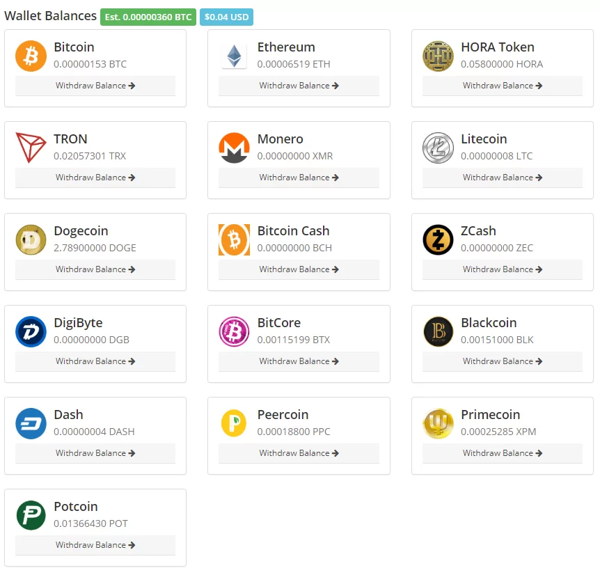 Screenshot of the available coins